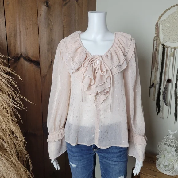 NWT Romantic Ruffled V-neck Rose Gold Polka Dot Blouse - Picture 2 of 16